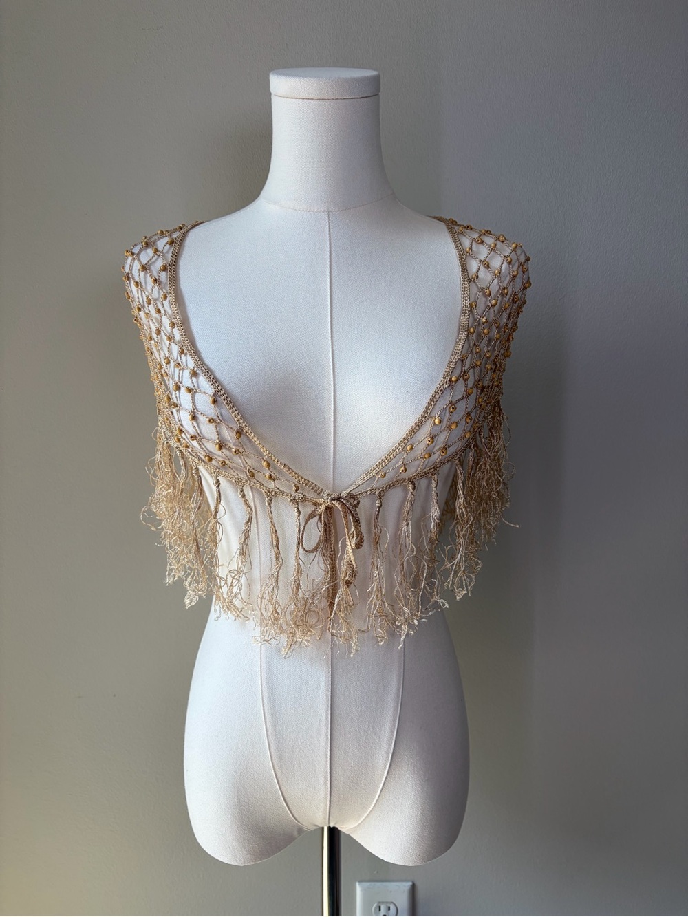Boho Wooden Beaded Crochet Fringe Net Wrap Convertible Shawl Hip Scarf Festival - Picture 3 of 13